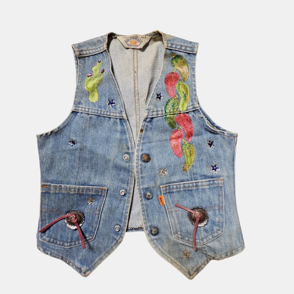 Vintage 70's Levi's Girls Chili Peppers Painted Denim Vest S Stars Boho Western